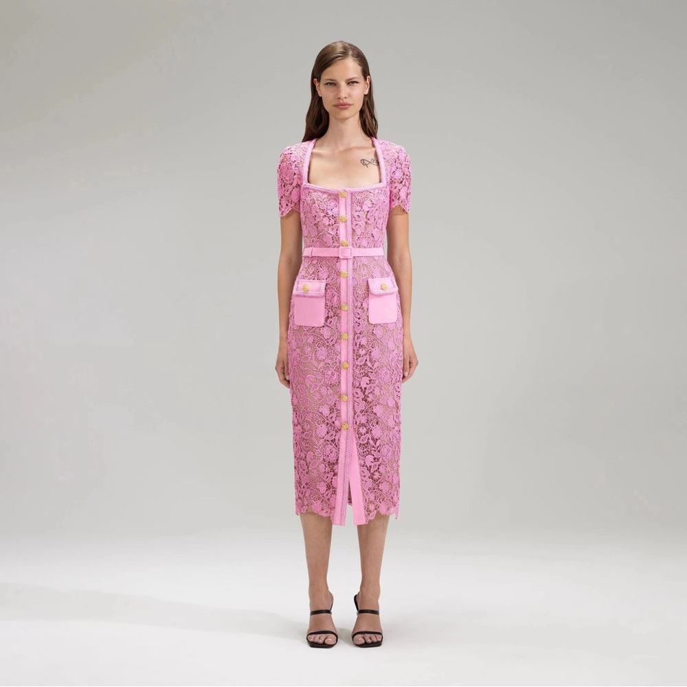 SELF-PORTRAIT - PINK GUIPURE LACE MIDI DRESS - PINK